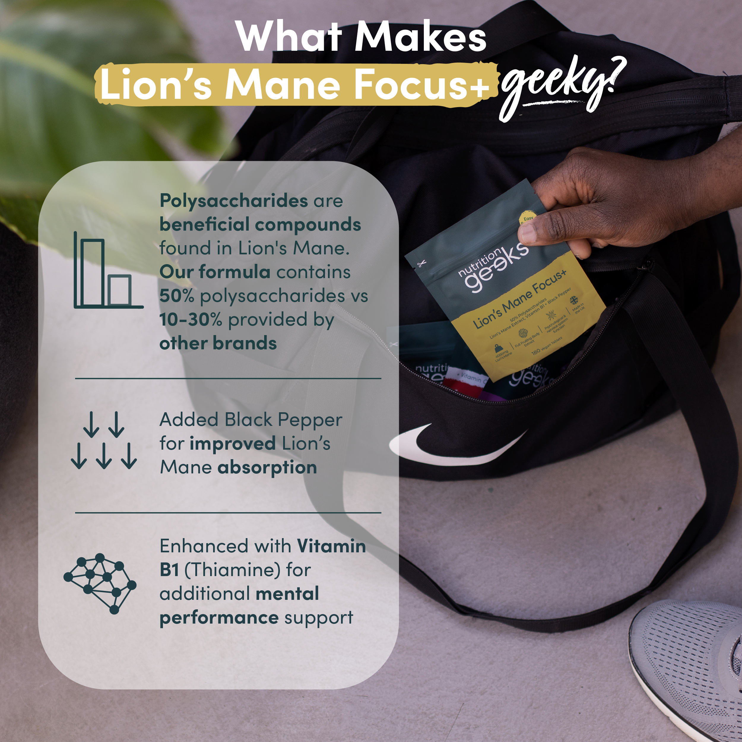 Packaging for Nutrition Geeks Iron Energy+ tablets, highlighting benefits like reducing fatigue and boosting immune function.