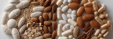 Assorted vitamins, supplements, and tablets arranged on a surface