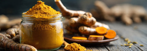 Turmeric powder and fresh turmeric root, illustrating the difference between turmeric and curcumin