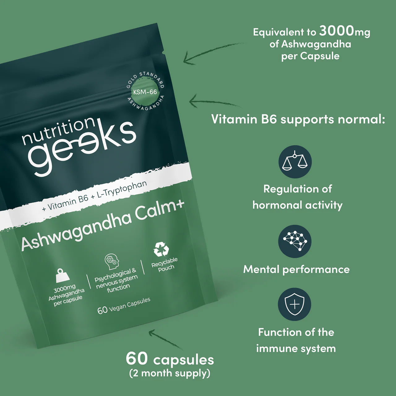 Packaging for Nutrition Geeks Iron Energy+ tablets, highlighting benefits like reducing fatigue and boosting immune function.